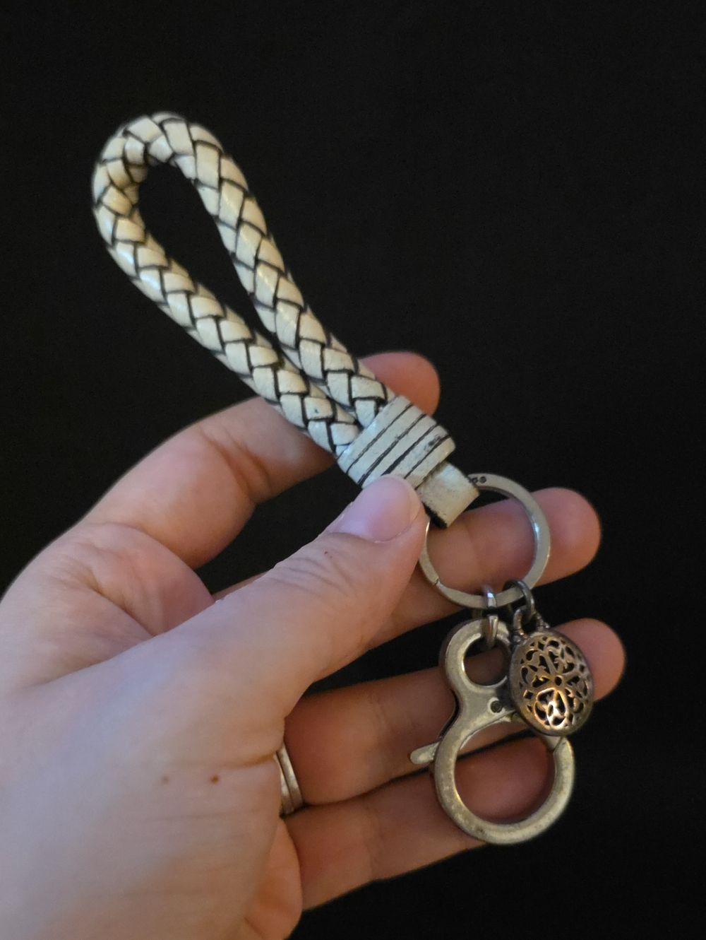 Woven Leather Loop Keychain - Cream
